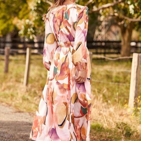 2024‎ Fall Boho Maxi Dress - Long Sleeve, V Neck, Flowy, Printed Beach Style - Picture 3 of 6